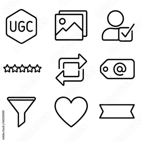 UGC Curation Icons. Outline style icons of User-Generated Content Curation: UGC badge, photo gallery, permission checkbox, review