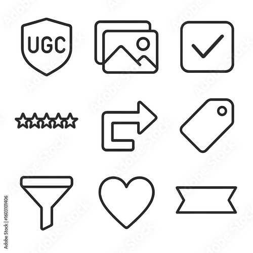 UGC Curation Icons. Outline style icons of User-Generated Content Curation: UGC badge, photo gallery, permission checkbox, review
