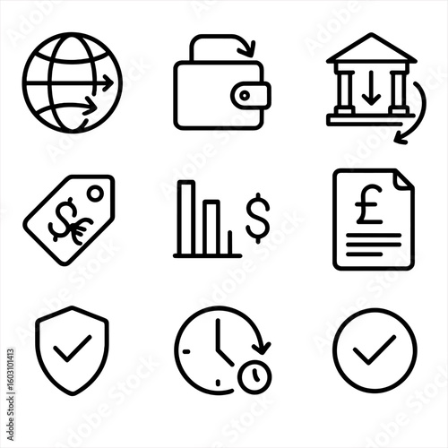 Cross-Border Remittance Icons. Outline style icons of Cross-Border Remittance: globe arrow, sender wallet, receiver bank, currency