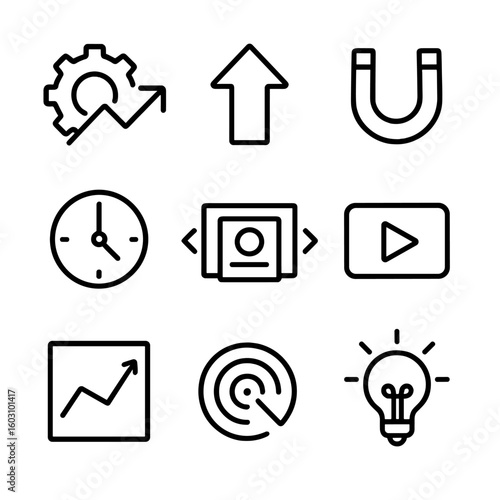 Platform Insights Icons. Outline style icons of Platform Algorithm Insights: algorithm gear, ranking arrow, engagement magnet,