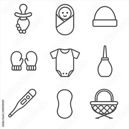 Newborn Essentials Icons. Outline style icons of Newborn Essentials: pacifier clip, swaddle blanket, newborn beanie, mittens pair,