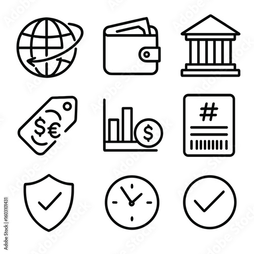 Cross-Border Remittance Icons. Outline style icons of Cross-Border Remittance: globe arrow, sender wallet, receiver bank, currency