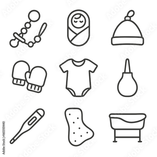 Newborn Essentials Icons. Outline style icons of Newborn Essentials: pacifier clip, swaddle blanket, newborn beanie, mittens pair,