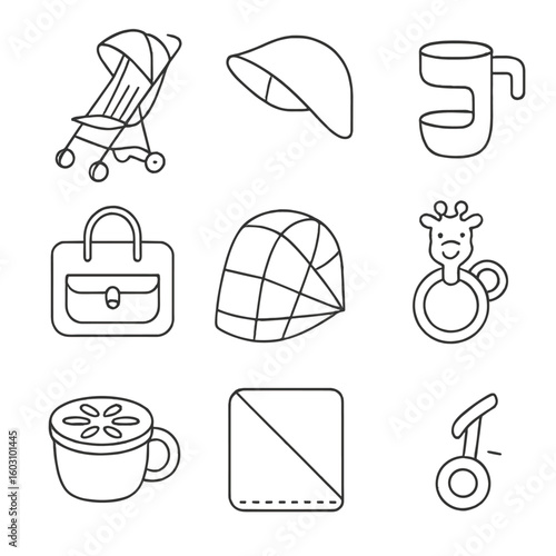 Stroller Icon Set. Outline style icons of Stroller Outing: lightweight stroller, sun canopy, cup holder, diaper bag, rain cover,