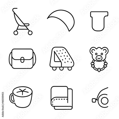Stroller Icon Set. Outline style icons of Stroller Outing: lightweight stroller, sun canopy, cup holder, diaper bag, rain cover,