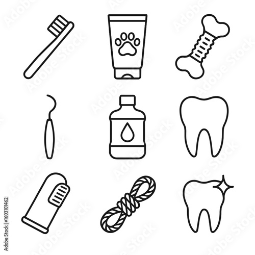 Pet Dental Care Icons. Outline style icons of Pet Dental Care: toothbrush, pet toothpaste, dental chew toy, tartar scraper, oral