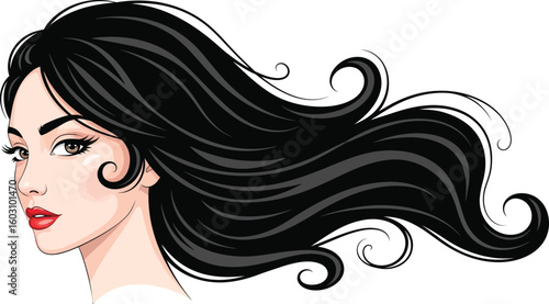 Illustration of a woman with long black hair and red lipstick art vector