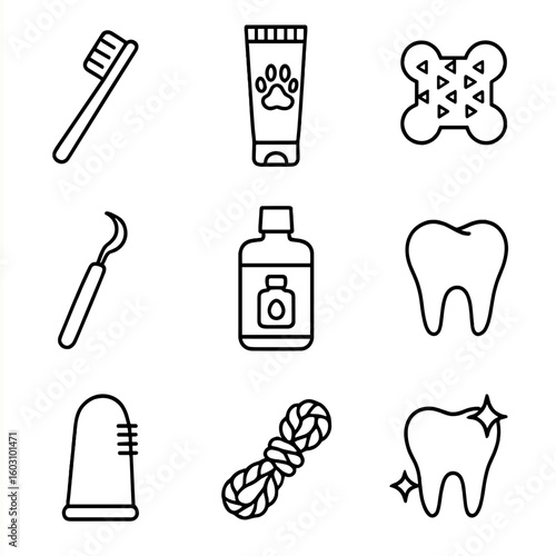 Pet Dental Care Icons. Outline style icons of Pet Dental Care: toothbrush, pet toothpaste, dental chew toy, tartar scraper, oral