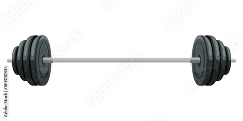 Barbell with multiple weight plates in cartoon style on white background, symbolizing fitness, strength, and sport. Vector illustration