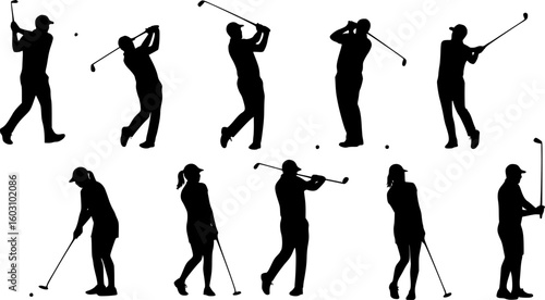 Golf player silhouette, male and female golf player silhouettes.
