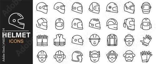 Illustrated Helmet Icon Set for Industrial Work, Cycling, and Sports
