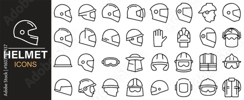 Set of Line Art Helmet Icons for Sports and Occupational Safety