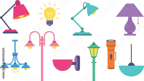 Illustration of various lighting fixtures including lamps streetlights and a lightbulb on white background