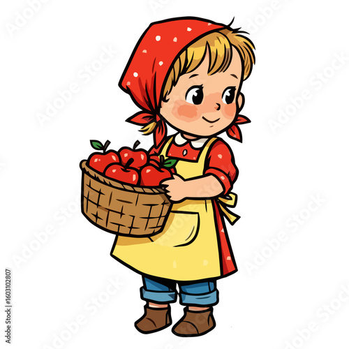 Young girl holding a basket of apples and smiling happily  