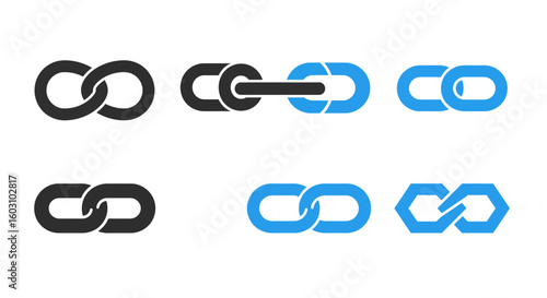 Collection of different chain link symbols representing connection and interdependence in digital and physical realms