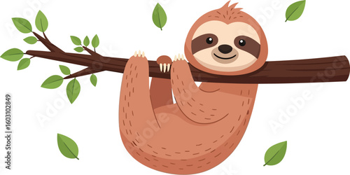 A cartoon sloth hanging upside down from a tree branch with green leaves on a white background image art