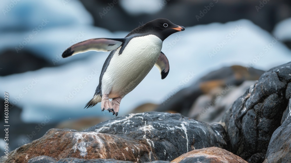 Fototapeta premium Adelie penguin leaping across rocky terrain in antarctica on a cold, clear day with snowy background