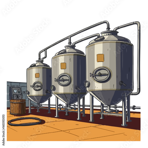 Industrial fermentation tanks in a brewery setting  