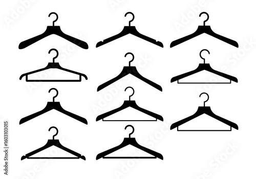 Collection of various black clothing hangers displayed on a white background showcasing different designs and styles for garments and apparel organization