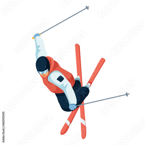 Athlete in dynamic pose doing freestyle skiing trick, flat graphic style, isolated on white background. Concept of extreme winter sports. Vector illustration