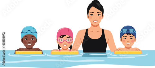 A swimming instructor with three children holding kickboards in a swimming pool during a lesson