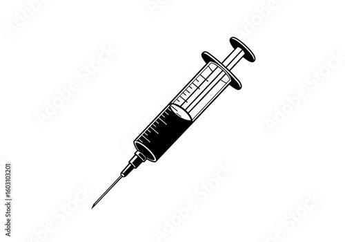 A Medical Syringe Filled with Dark Liquid and a Sharp Needle Ready for Injection Demonstrating Healthcare Procedures and Scientific Measurement Tools