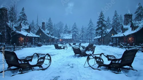 Snowy village scene with vintage sleighs ready for a winter adventure ride, holiday spirit