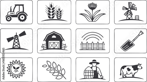 Farming Agriculture Icons Set – Tractor, Farmer, Crops, Tools & Equipment Symbols