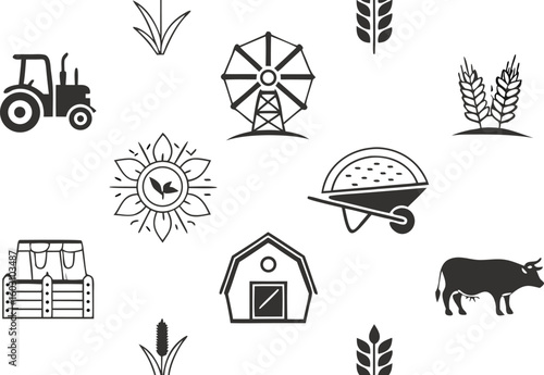 Farming Agriculture Icons Set – Tractor, Farmer, Crops, Tools & Equipment Symbols