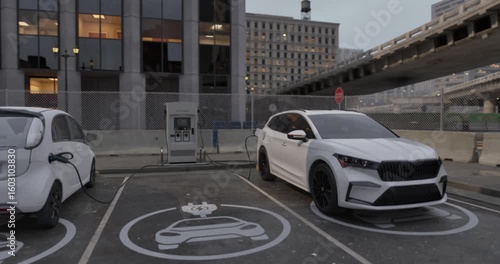 white electric car is parked at charging station on city street. Shift towards sustainable transportation in eco-conscious, urban environment, with emphasis on clean energy