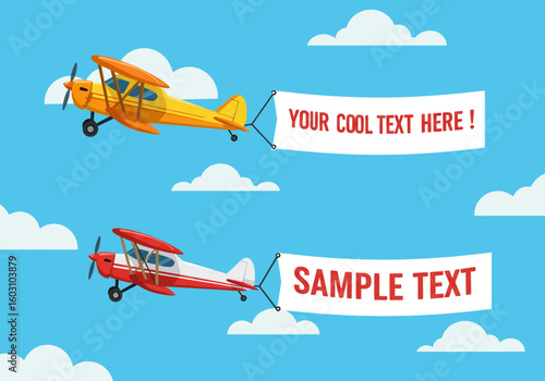 Two Retro Biplanes Flying Through the Sky Pulling Banners With Text For Your Advertising Projects