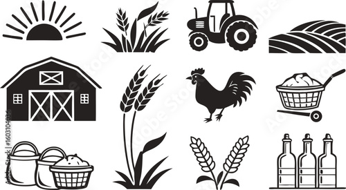 Farming Agriculture Icons Set – Tractor, Farmer, Crops, Tools & Equipment Symbols