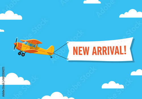 Yellow Biplane Flying Through the Sky Pulling a Banner Announcing New Arrival With Clouds in the Background