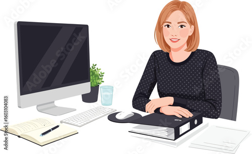 A woman sitting at a desk with a computer monitor and a plant in a pot on the desk smiling nicely