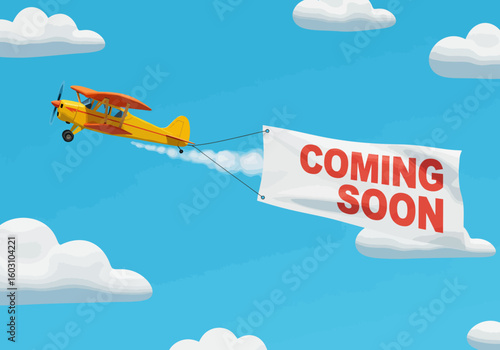 A small yellow airplane flying through the sky pulling a banner that says coming soon with clouds in the background