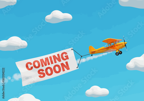 Small Yellow Biplane Soaring Through a Bright Blue Sky Towing a Banner Announcing COMING SOON Amidst Fluffy White Clouds Creating a Sense of Anticipation for an Upcoming Event or Product Launch