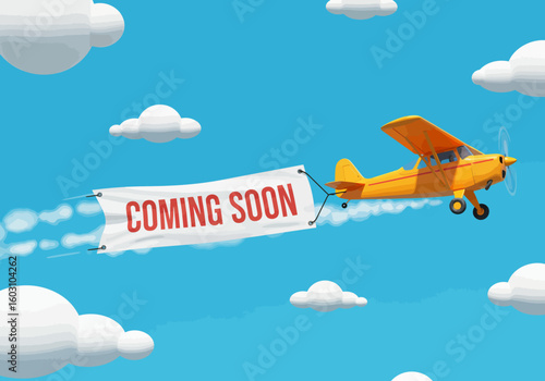 Exciting New Adventure Awaits as Our Airplane Soars Through the Clouds with a Big Coming Soon Banner Announcing Future Events and Experiences