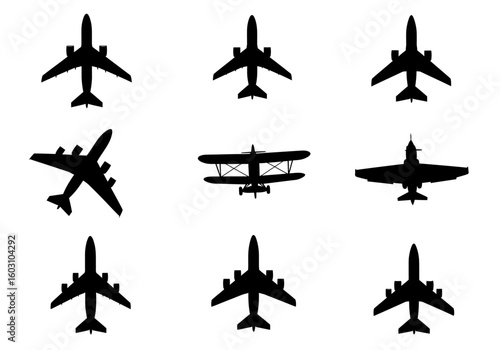 Collection of Diverse Aircraft Silhouettes Showcasing Various Airplane Designs from Different Eras and Types