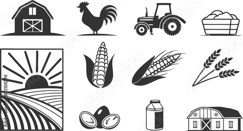 Farming Agriculture Icons Set – Tractor, Farmer, Crops, Tools & Equipment Symbols