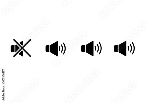 Visual representation of audio volume controls including a mute icon and varying sound wave indicators for different volume levels