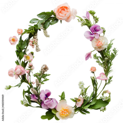 Wallpaper Mural Floral Wreath Elegance: A beautifully crafted wreath adorned with an array of blossoms and lush greenery, creating a circular design perfect for conveying elegance and celebration. Torontodigital.ca
