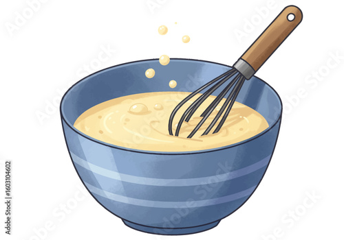 Illustration of a blue bowl with yellow batter being whisked with a metal whisk and wooden handle kitchen utensil