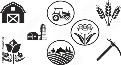 Farming Agriculture Icons Set – Tractor, Farmer, Crops, Tools & Equipment Symbols