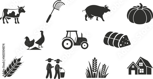 Farming Agriculture Icons Set – Tractor, Farmer, Crops, Tools & Equipment Symbols