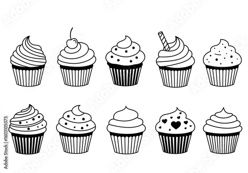 A charming collection of hand drawn black and white cupcakes each with unique frosting and decorative details presented in two rows