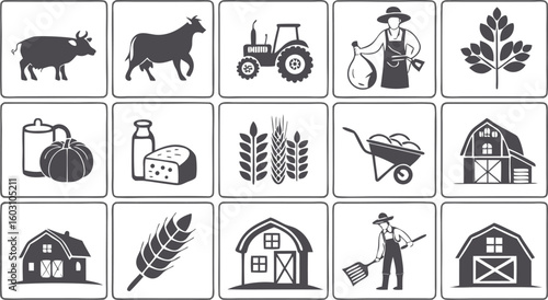 Farming Agriculture Icons Set – Tractor, Farmer, Crops, Tools & Equipment Symbols