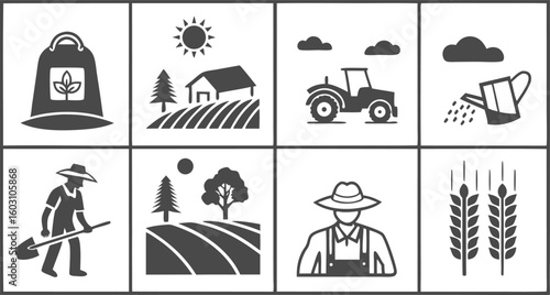 Farming Agriculture Icons Set – Tractor, Farmer, Crops, Tools & Equipment Symbols