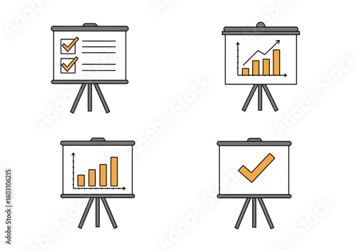 Set of four presentation boards displaying business growth charts task lists and successful completion symbols for conceptualizing financial success and project management strategies