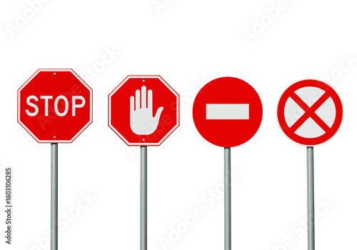 Collection of Four Red Traffic Signs Including Stop Sign No Entry Sign and Other Prohibition Signs on Metal Poles