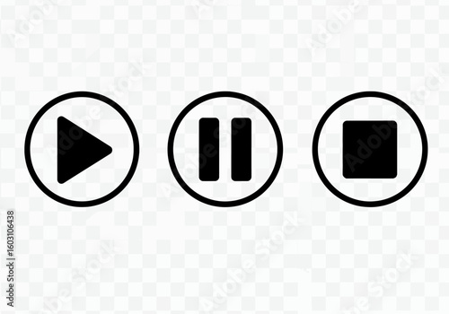 Digital Audio Controls Featuring Play Pause and Stop Buttons in a Circular Design Ideal for User Interface Elements and Multimedia Applications